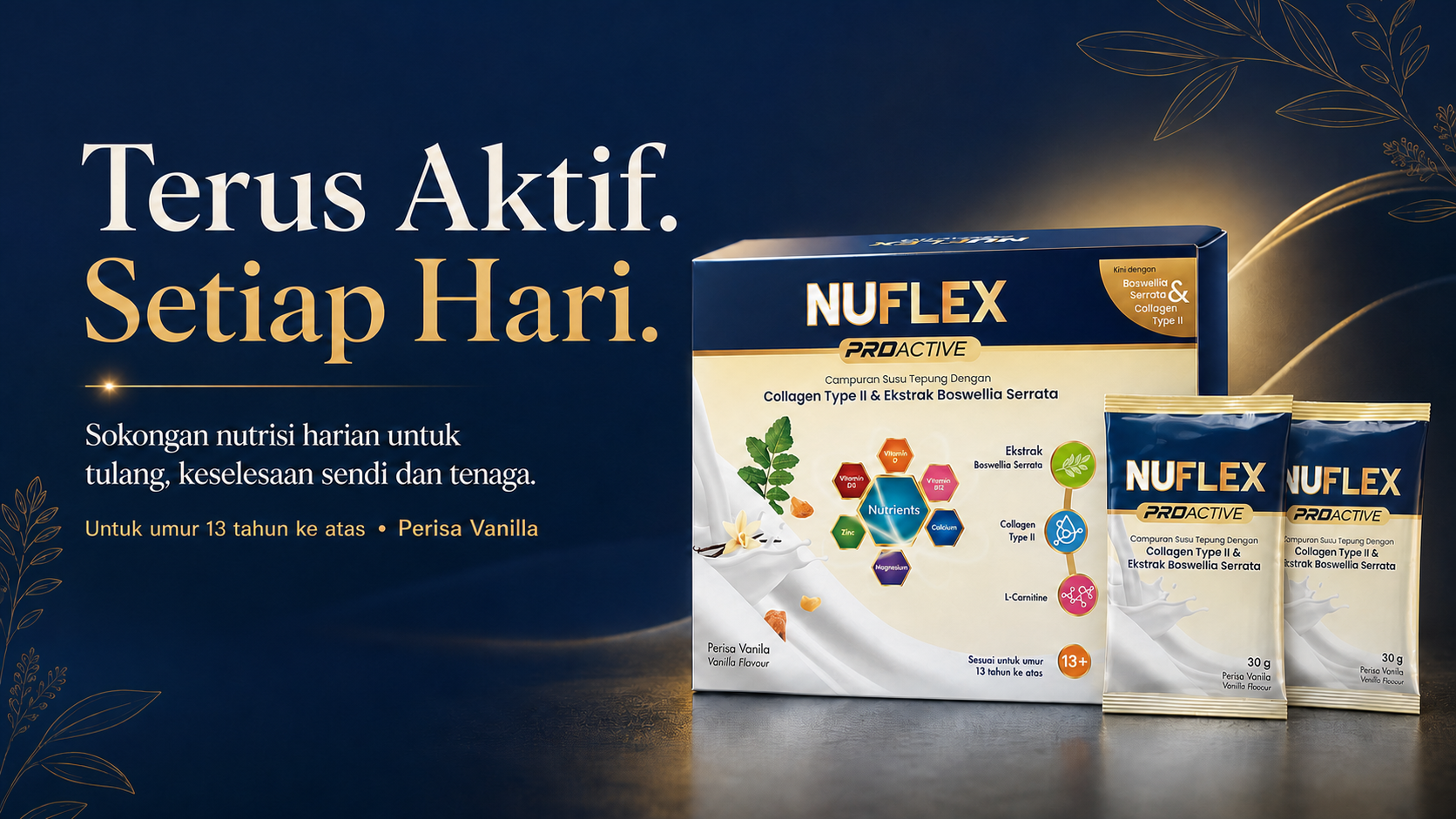 NUFLEX ProActive Terus Aktif Setiap Hari dengan satu kotak dan dua sachet perisa vanila